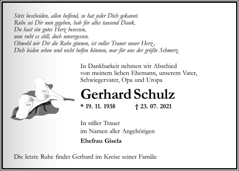 Traueranzeige Gerhard Schulz