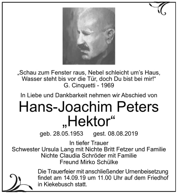 Traueranzeige Hans-Joachim Peters