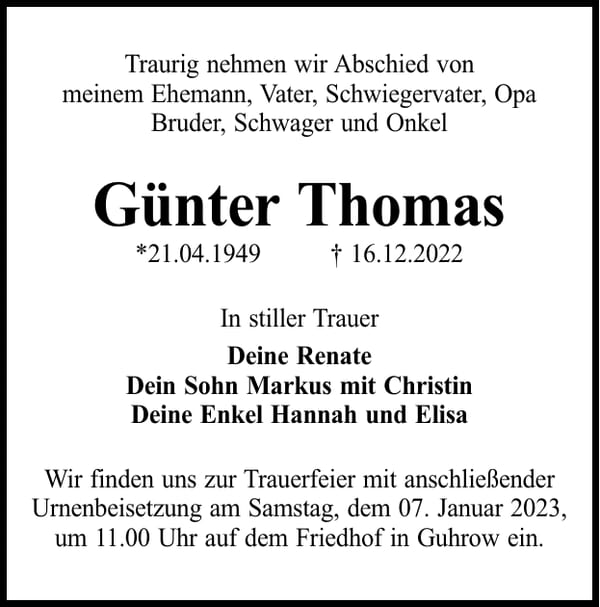 Traueranzeige Günter Thomas