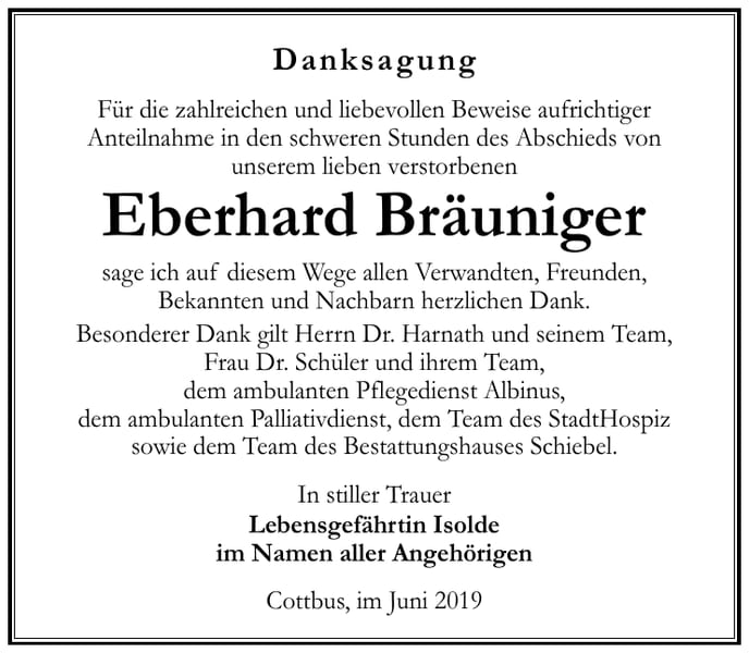Traueranzeige Eberhard Bräuniger