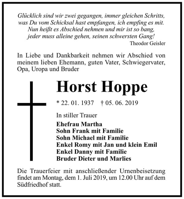 Traueranzeige Horst Hoppe