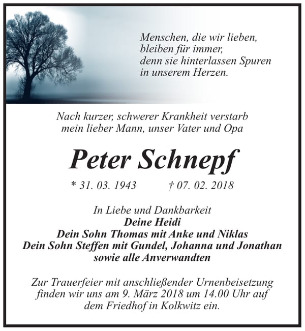 Traueranzeige Peter Schnepf