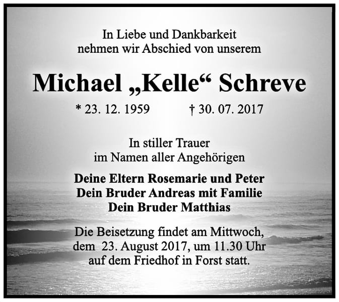 Traueranzeige Michael „Kelle“ Schreve