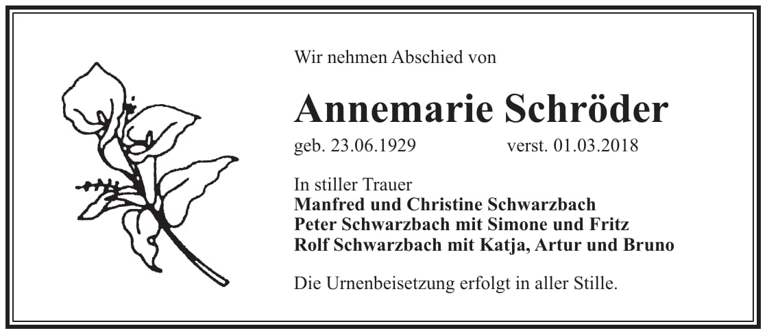 Traueranzeige Annemarie Schröder