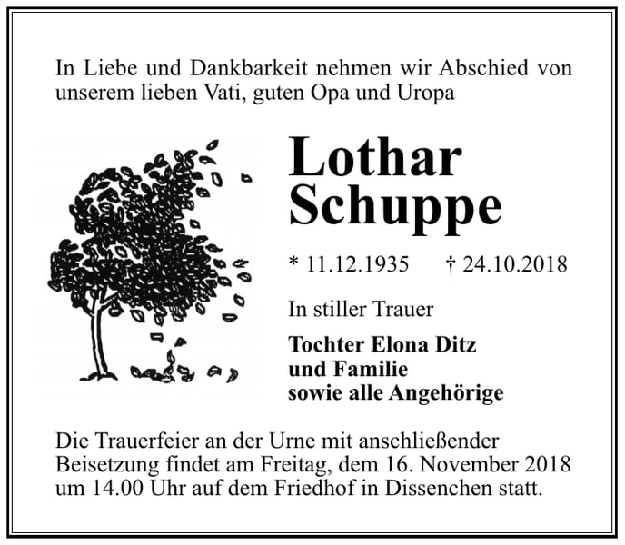 Traueranzeige Lothar Schuppe