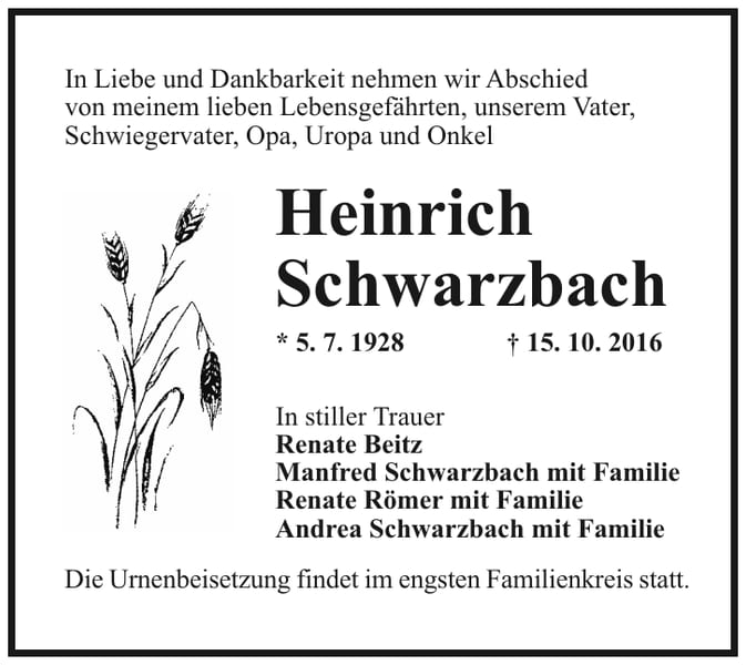 Traueranzeige Heinrich Schwarzbach