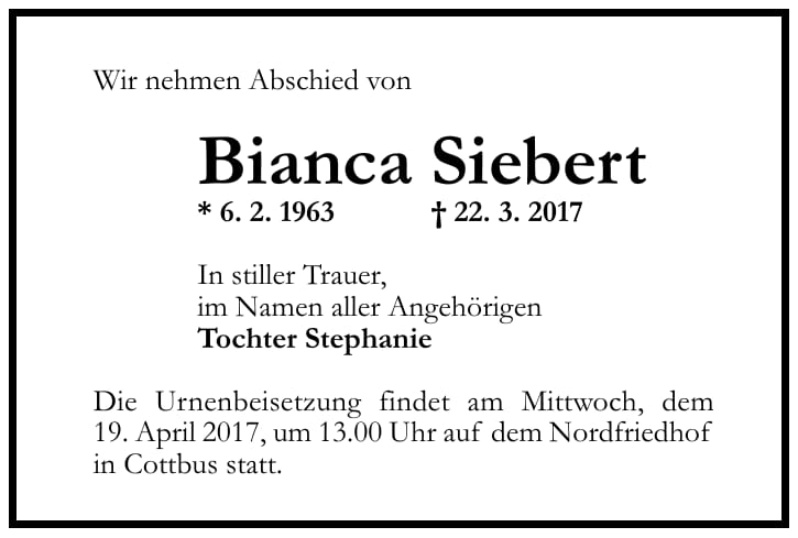 Traueranzeige Bianca Siebert