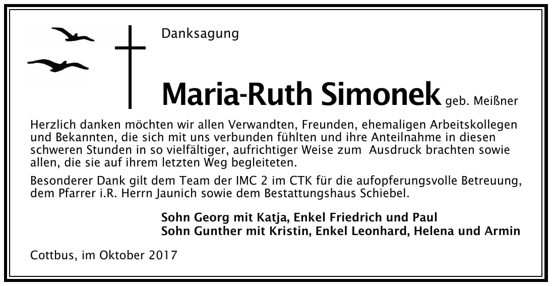 Danksagung Maria-Ruth Simonek, geb. Meißner