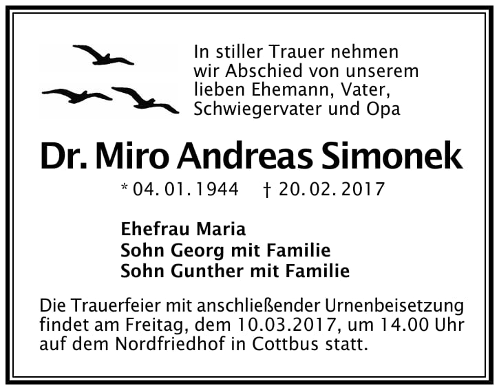 Traueranzeige Dr. Miro Andreas Simonek