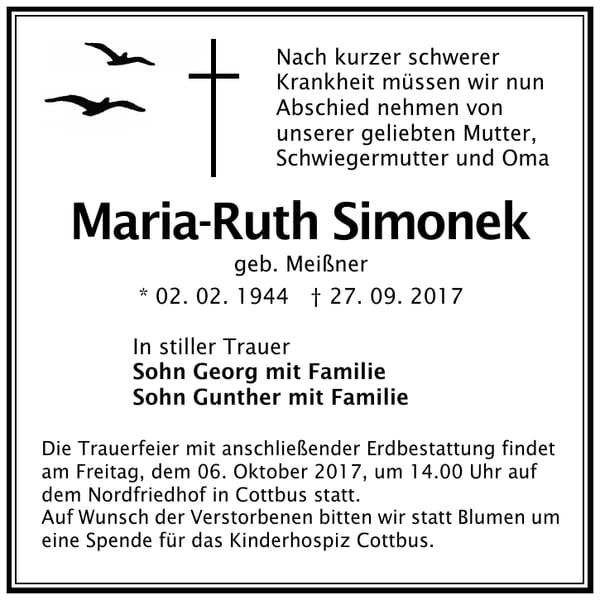 Traueranzeige Maria-Ruth Simonek, geb. Meißner