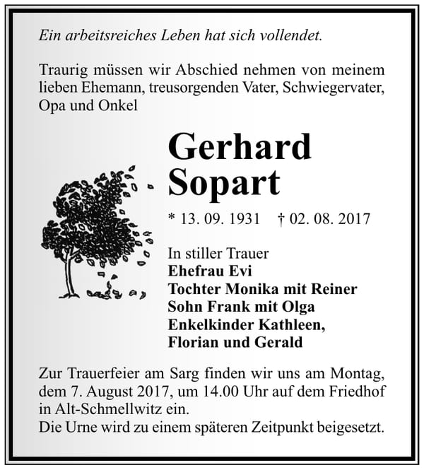 Traueranzeige Gerhard Sopart
