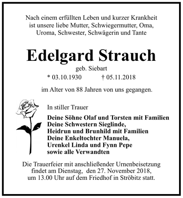 Traueranzeige Edelgard Strauch, geb. Siebart