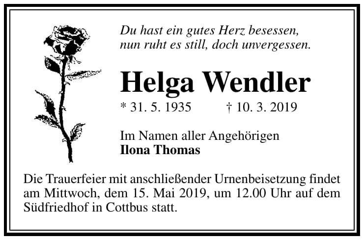 Traueranzeige Helga Wendler