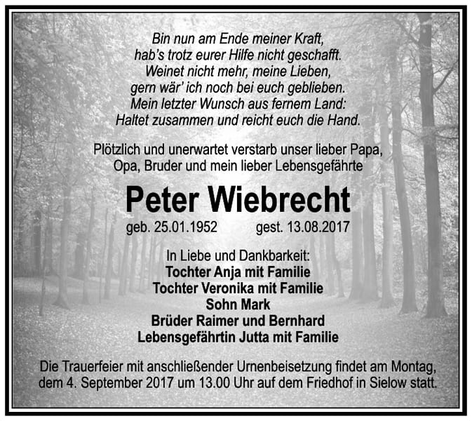 Traueranzeige Peter Wiebrecht