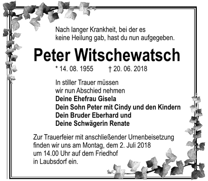 Traueranzeige Peter Witschewatsch