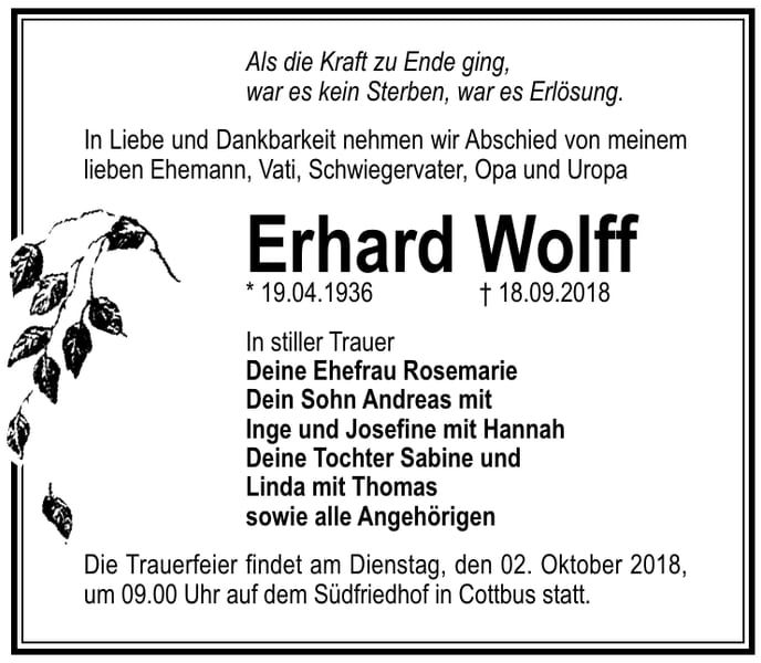 Traueranzeige Erhard Wolff