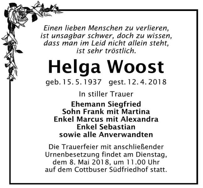 Traueranzeige Helga Woost