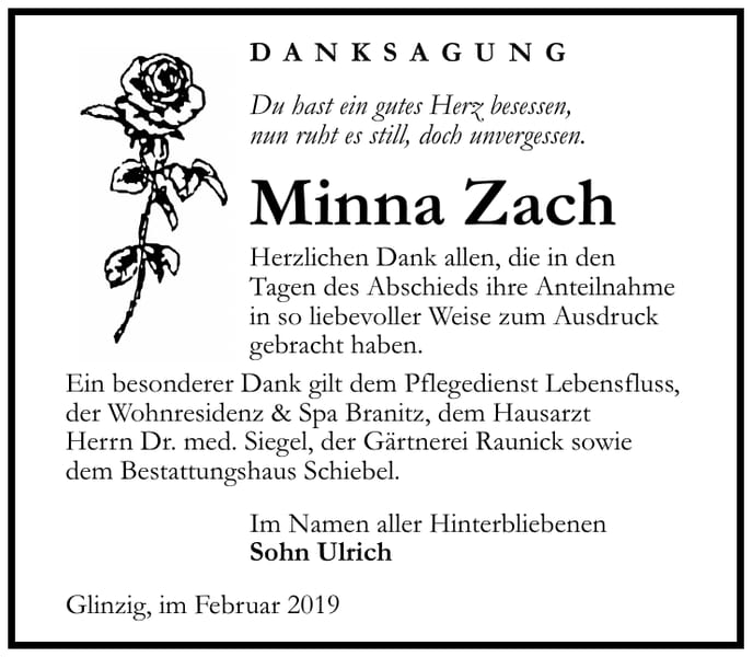 Traueranzeige Minna Zach