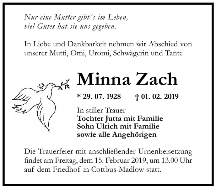 Traueranzeige Minna Zach