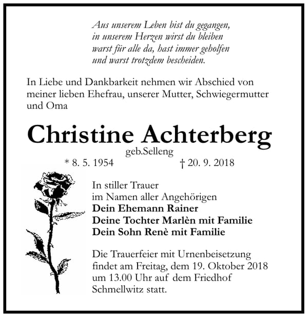 Traueranzeige Christine Achterberg