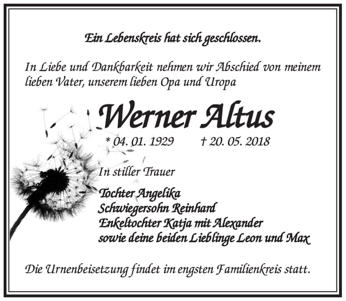 Traueranzeige Werner Altus