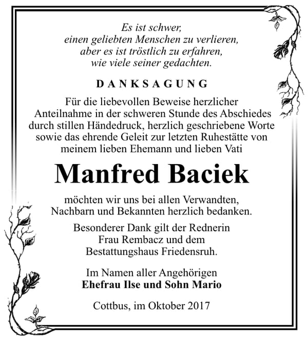 Danksagung Manfred Baciek
