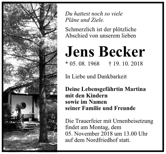 Traueranzeige Jens Becker