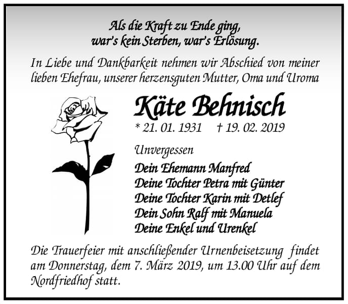 Traueranzeige Käte Behnisch