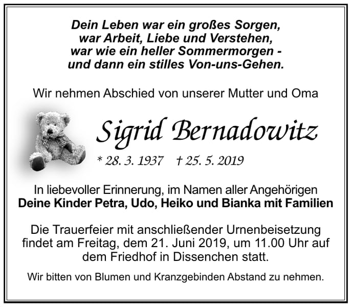 Traueranzeige Sigrid Bernadowitz