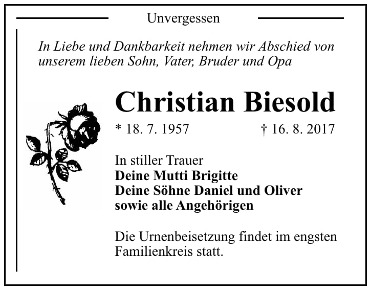 Traueranzeige Christian Biesold