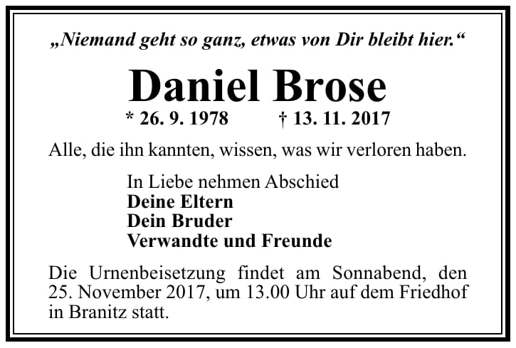 Traueranzeige Daniel Brose