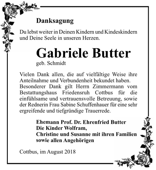 Danksagung Gabriele Butter, geb. Schmidt