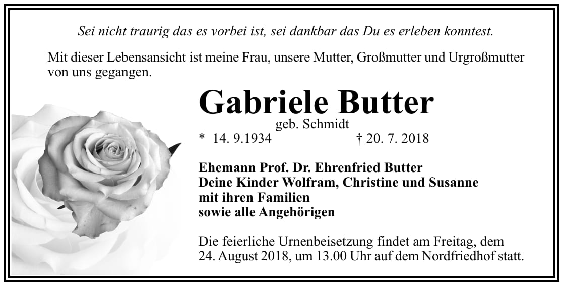 Traueranzeige Gabriele Butter, geb. Schmidt
