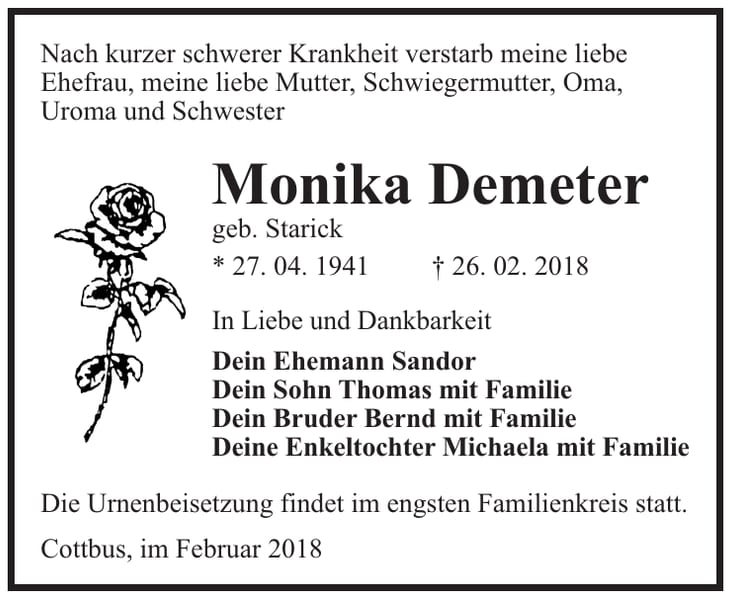 Traueranzeige Monika Demeter, geb. Starick