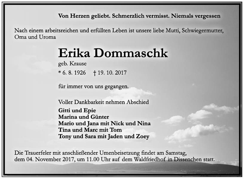 Traueranzeige Erika Dommaschk, geb. Krause