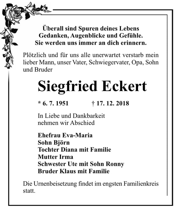 Traueranzeige Siegfried Eckert