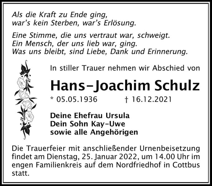Traueranzeige Hans-Joachim Schulz