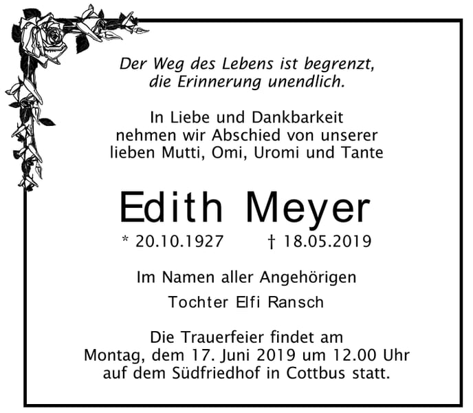 Traueranzeige Edith Meyer