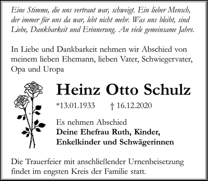 Traueranzeige Heinz Otto Schulz