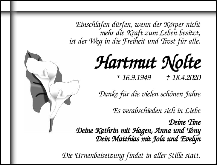 Traueranzeige Hartmut Nolte