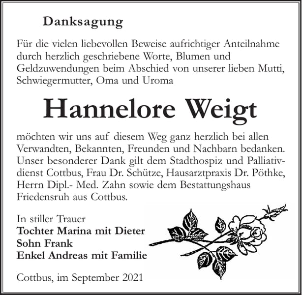 Danksagung Hannelore Weigt