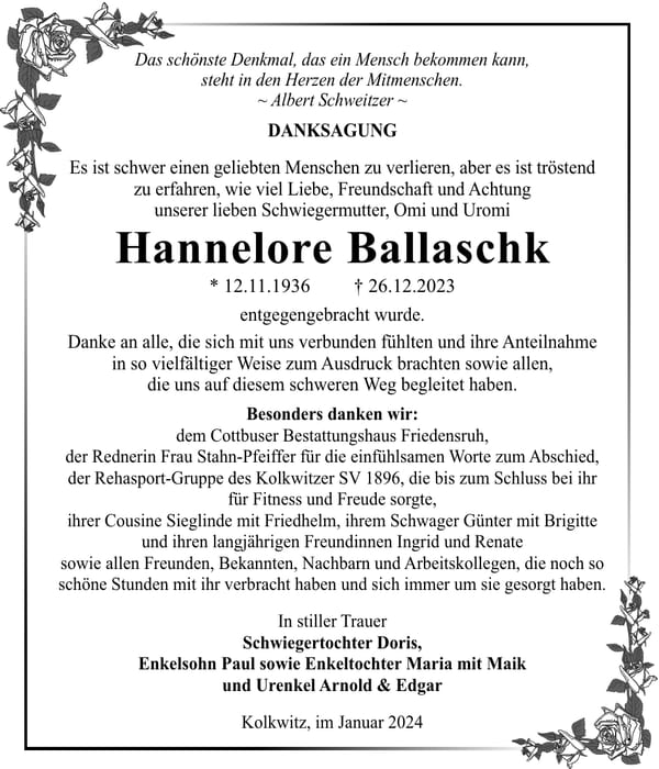 Danksagung Hannelore Ballaschk