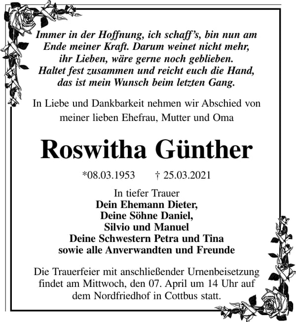 Traueranzeige Roswitha Günther