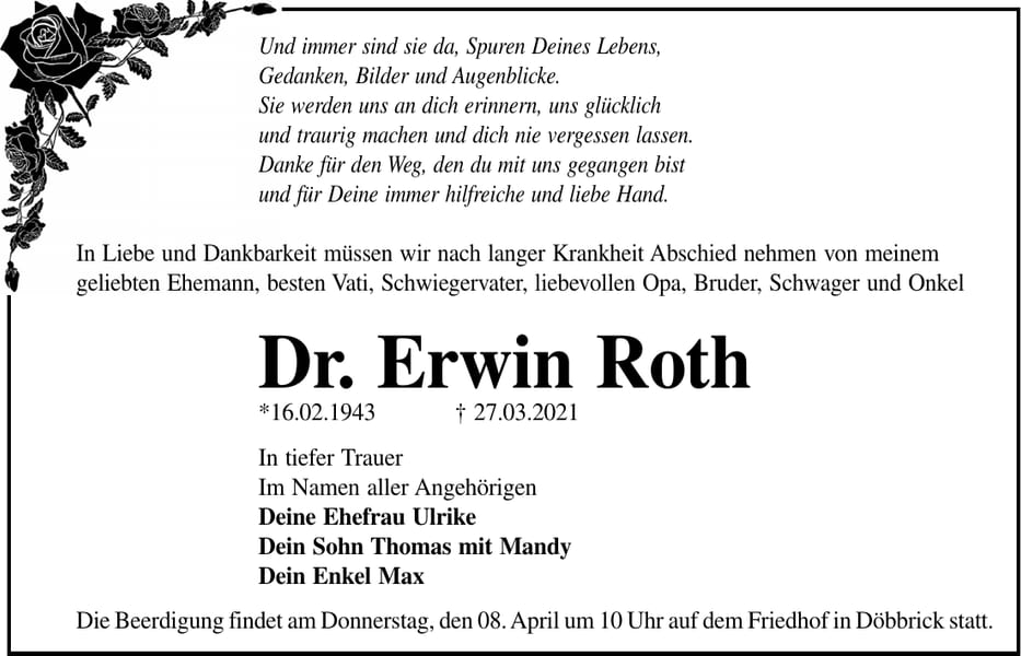 Traueranzeige Dr. Erwin Roth