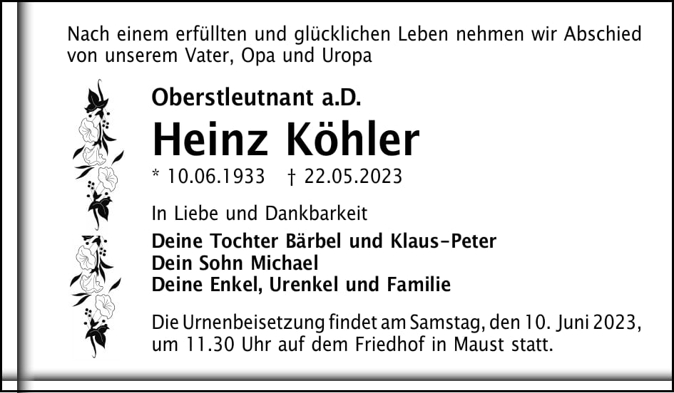 Traueranzeige Heinz Köhler