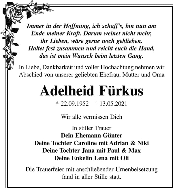 Traueranzeige Adelheid Fürkus
