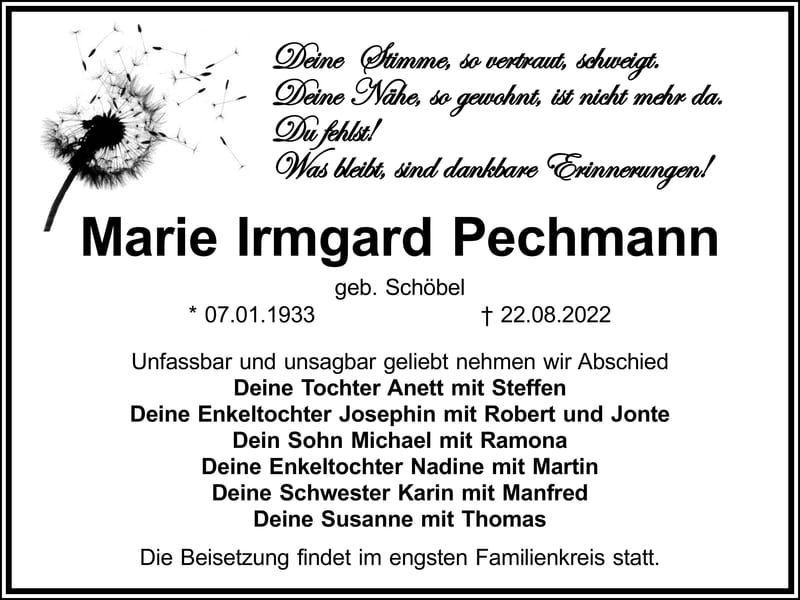 Traueranzeige Marie Irmgard Pechmann, geb. Schöbel
