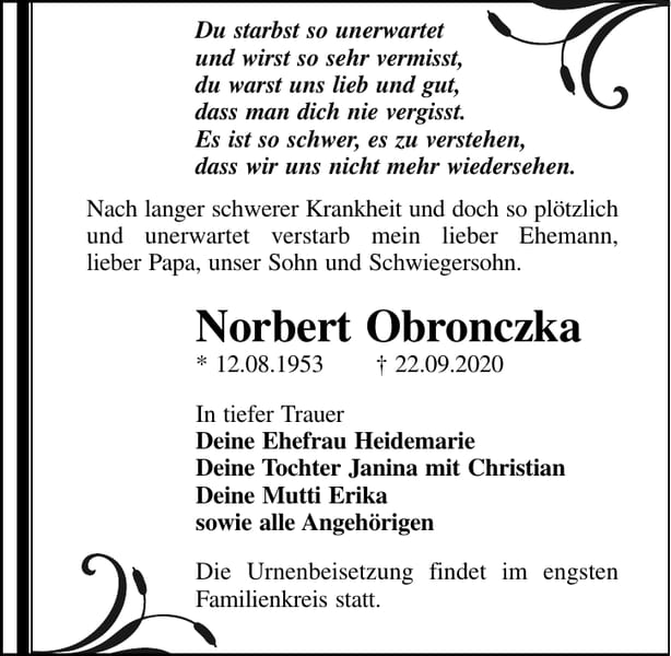 Traueranzeige Norbert Obronczka