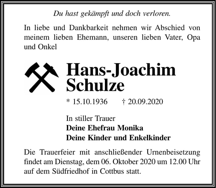 Traueranzeige Hans-Joachim Schulze