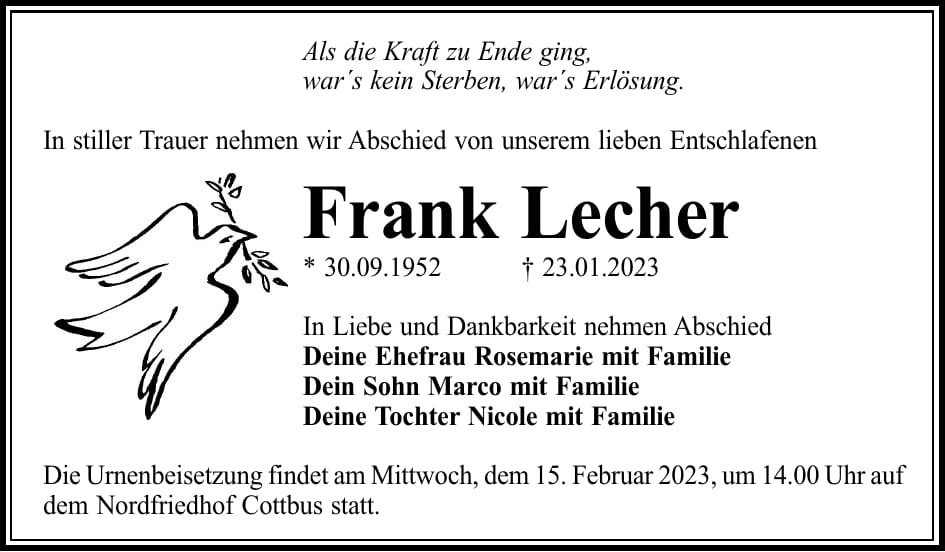 Traueranzeige Frank Lecher